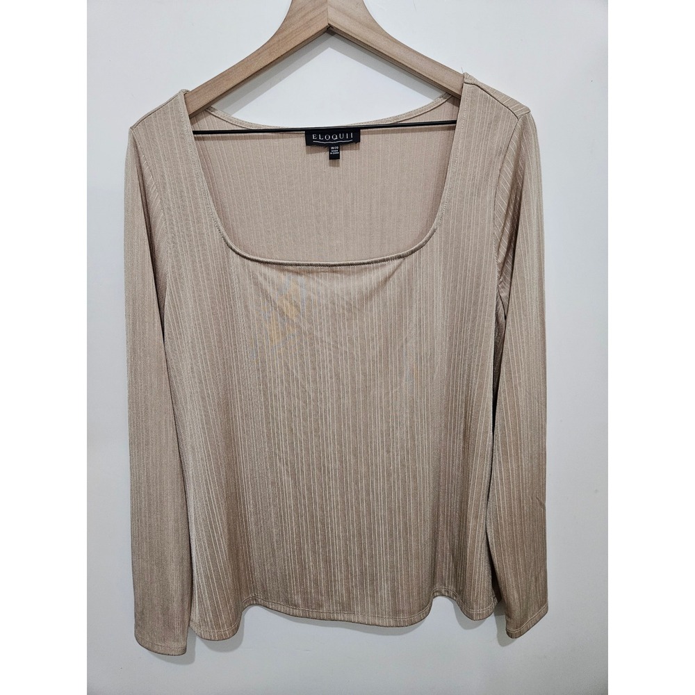 Eloquii Womens Beige Ribbed Square Neck Long Sleeve Top Size 18/20 RN142711
